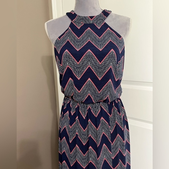Three pink hearts maxi dress navy blue, pink & white halter neck Sz MED - Picture 3 of 9